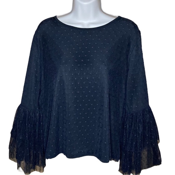 Pebble & Stone | Black Sheer Net Overlay Blouse Polka Dot Fluted Bell Sleeves M - Picture 1 of 6